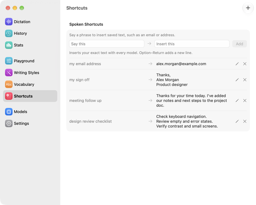 Waffle Shortcuts configured with an email address, Alex Morgan’s multiline sign-off, a meeting follow-up and a design review checklist