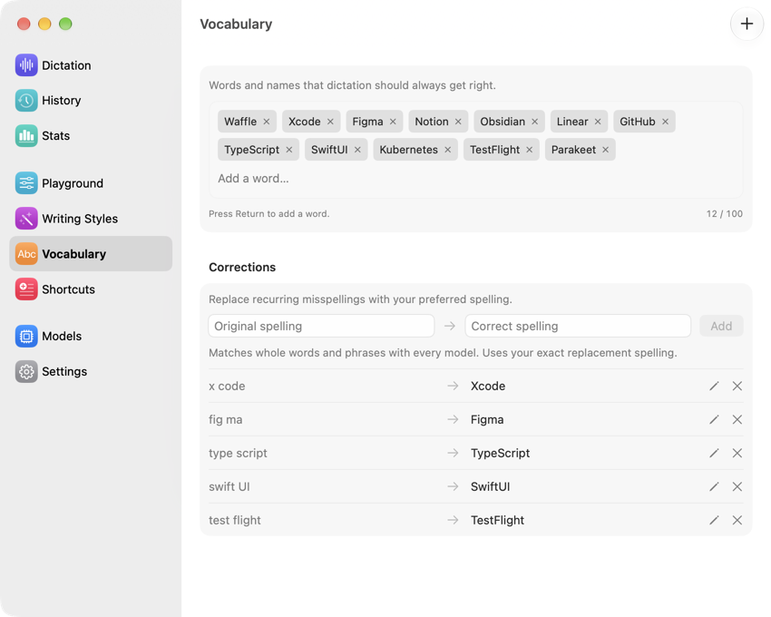 Waffle Vocabulary with twelve configured terms and corrections including x code to Xcode and type script to TypeScript