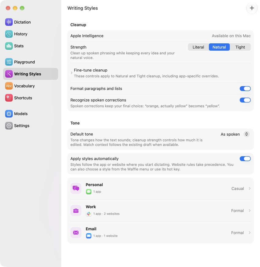 Waffle’s cleanup and tone controls, automatic app matching, and the beginning of its saved writing styles